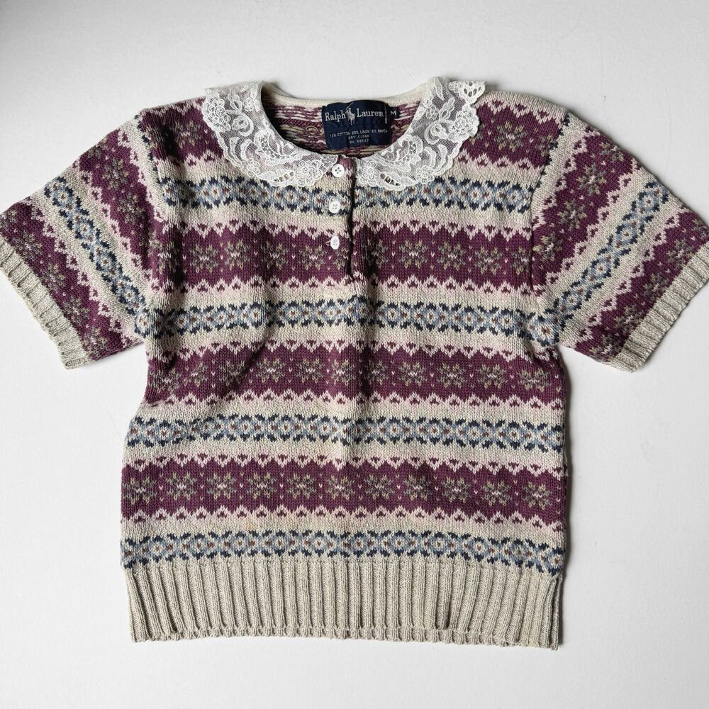 Vintage 80's Ralph Lauren Fair Isle Lace Collar Short Sleeve Sweater Size S/M